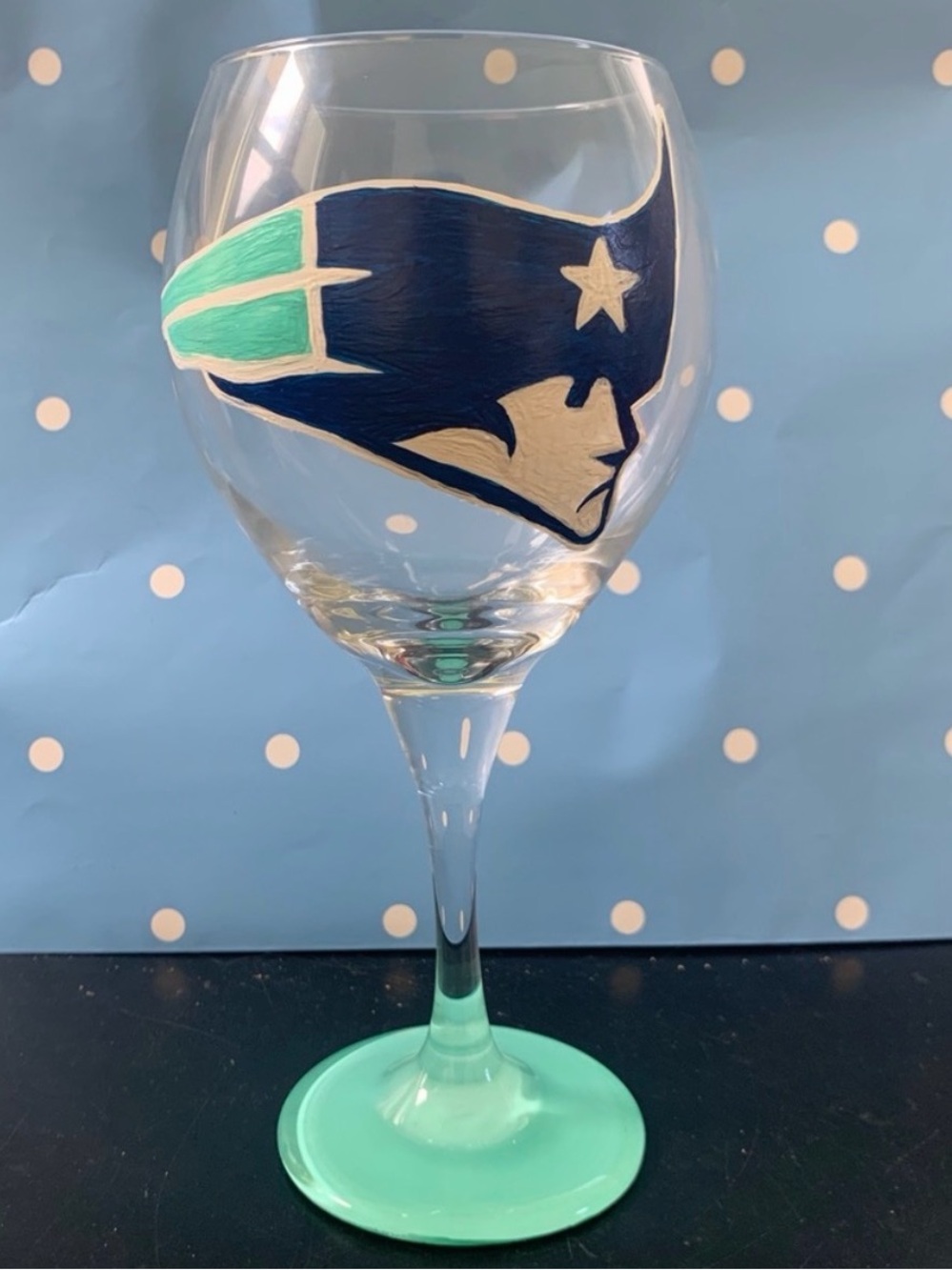 Hand-Painted Navy and Teal Wine Glass - NE Patriots